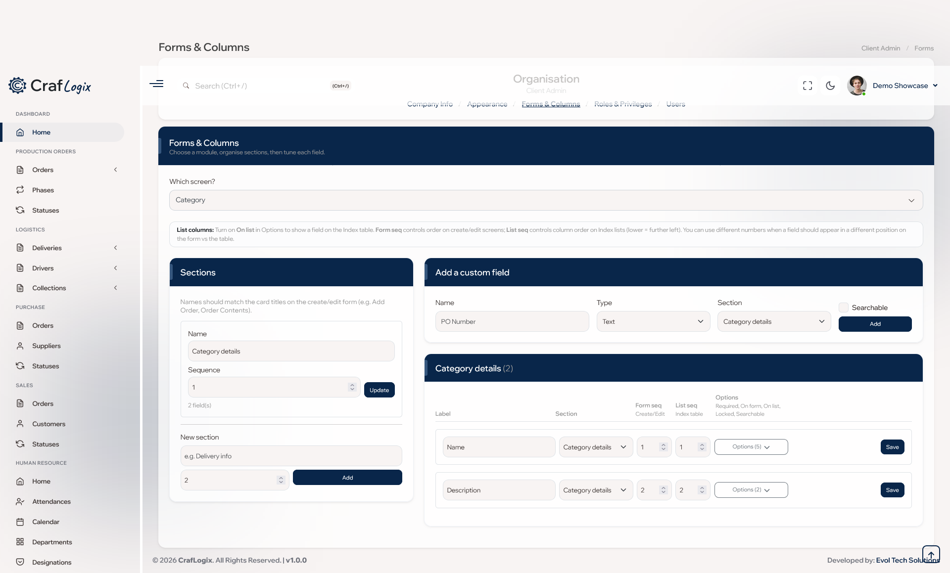 Company admin forms and columns