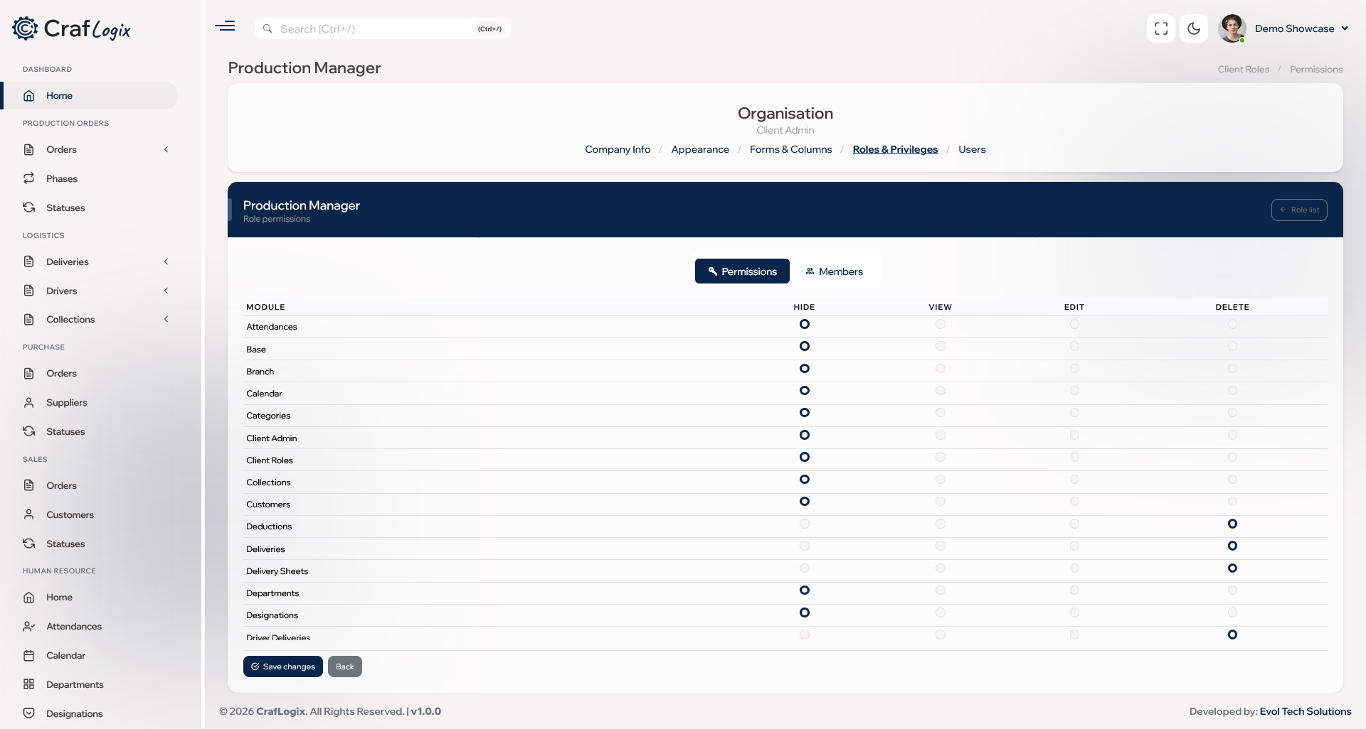 Roles and privileges grid